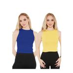 CATSPY Kadın Saks Mavisi Sarı Halter Yaka 2'li Crop Bluz