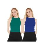 CATSPY Kadın Saks Mavisi Yeşil Halter Yaka 2'li Crop Bluz