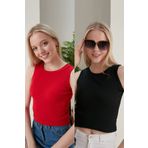 CATSPY Kadın Siyah Kırmızı Halter Yaka Fitilli 2'li Paket Crop Bluz
