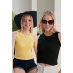 CATSPY Kadın Siyah Sarı Halter Yaka Fitilli 2'li Paket Crop Bluz