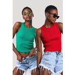 CATSPY Kadın Yeşil Kırmızı Halter Yaka Fitilli 2'li Paket Crop Bluz
