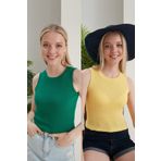 CATSPY Kadın Yeşil Sarı Halter Yaka Fitilli 2'li Paket Crop Bluz