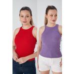 CATSPY Kırmızı Lila 2'li Fitted/Vücuda Oturan Fitilli Esnek Örme Bluz Set