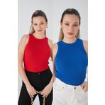 CATSPY Kırmızı Saks Mavi Zargo Model 2'li Set Fitted Geniş Biyeli Halter Yaka Fitilli Esnek Örme Crop Bluz