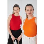 CATSPY Kırmızı Turuncu Zargo Model 2'li Set Fitted Geniş Biyeli Halter Yaka Fitilli Esnek Örme Crop Bluz