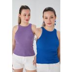 CATSPY Lila Saks Mavisi 2'li Fitted/Vücuda Oturan Fitilli Esnek Örme Bluz Set