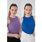 CATSPY Lila Saks Mavisi Zargo Model 2'li Set Fitted Geniş Biyeli Halter Yaka Fitilli Esnek Örme Crop Bluz