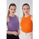 CATSPY Lila Turuncu Zargo Model 2'li Set Fitted Geniş Biyeli Halter Yaka Fitilli Esnek Örme Crop Bluz
