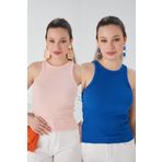 CATSPY Pudra Saks Mavisi 2'li Fitted/Vücuda Oturan Fitilli Esnek Örme Bluz Set