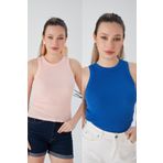 CATSPY Pudra Saks Mavisi Zargo Model 2'li Set Fitted Geniş Biyeli Halter Yaka Fitilli Esnek Örme Crop Bluz