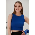 CATSPY Saks Mavi Fitted/vücuda Oturan Geniş Biyeli Halter Yaka Fitilli Esnek Örme Crop Bluz