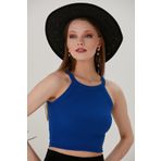 CATSPY Saks Mavisi Fitted/vücuda Oturan Iki Omuzu Açık Miami Fitilli Esnek Örme Bluz