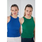 CATSPY Saks Mavisi Yeşil 2'li Fitted/Vücuda Oturan Fitilli Esnek Örme Bluz Set