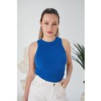 CATSPY Saks Mavisi Zargo Model Fitted/Vücuda Oturan Geniş Biyeli Halter Yaka Fitilli Esnek Örme Crop Bluz