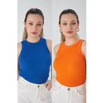 CATSPY Saks Turuncu Zargo Model 2'li Set Fitted Geniş Biyeli Halter Yaka Fitilli Esnek Örme Crop Bluz