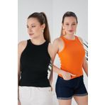 CATSPY Siyah Turuncu 2'li Fitted/Vücuda Oturan Fitilli Esnek Örme Bluz Set