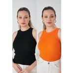 CATSPY Siyah Turuncu Zargo Model 2'li Set Fitted Geniş Biyeli Halter Yaka Fitilli Esnek Örme Crop Bluz