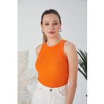 CATSPY Turuncu Zargo Model Fitted/Vücuda Oturan Geniş Biyeli Halter Yaka Fitilli Esnek Örme Crop Bluz