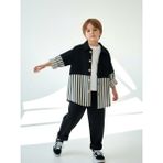 Catz Kids Siyah Keten Carrot Pantolon + Siyah Beyaz Çizgili Keten Retro Gömlek - Ekru - Siyah - 3 Yaş