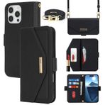 CAVOR Cep Telefonu Zinciri Cep Telefonu Kılıfı iPhone 16 Pro Max ile Uyumlu Kayışlı Kılıf, Kapaklı Deri Cüzdan Cep Telefonu Kılıfı, [Ayna][5 Kart Bölmesi], Kapaklı Kılıf Cep Telefonu Kılıfı - Siyah
