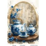 Çay Partisi Serisi TEA122 Mavi Beyaz, Fincan, Çiçek Desenli 29*42 cm Pirinç Dekopaj