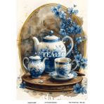 Çay Partisi Serisi TEA124 Mavi Beyaz, Fincan, Çiçek 29*42 cm Pirinç Dekopaj