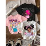 CC Collection Kız Çocuk Baskılı Tişört Pamuklu Yazlık 3'lü Renkli Desenli Tshirt - Siyah - 7 - 8 Yaş