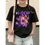 CC Collection Kız Çocuk K-Pop Baskılı Tişört Siyah Pamuklu 3-12 Yaş Trend Tshirt - 5 - 6 Yaş