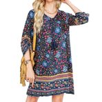 CCAIPU Kadın yazlık elbise, bohem boş zaman elbisesi, çiçek desenli, 3/4 kollu, tunik elbise, kısa üst, vintage tunik elbise, Koyu mavi, XL
