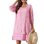 CCAIPU Kadın yazlık elbise, bohem boş zaman elbisesi, çiçek desenli, 3/4 kollu, tunik elbise, kısa üst, vintage tunik elbise, Pembe., L