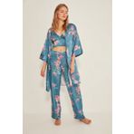 C&City 045 Turkuaz Kadın Desenli Saten 3'lü Pijama Takım
