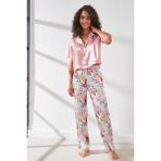 C&City 9066 Pembe Ekru Kadın Saten Crop Gömlek Pantolon Pijama Takımı