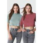 C&city Bisiklet Yaka 2'li Crop T-Shirt 959 Çağla/Gül Kurusu - Çağla Yeşili