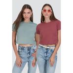 C&city Bisiklet Yaka Kısa Kol 2'li Crop T-Shirt 956 Çağla/Gül Kurusu - Çağla Yeşili - XL
