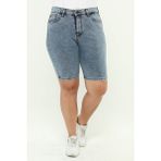CEDY DENİM KADIN BÜYÜK BEDEN YÜKSEK BEL LİKRALI SLİMFİT JEANS ŞORT-C606 - Kar Yıkama - 44