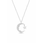 Çekirdek Jewelry 925 Ayar Gümüş Ay Yıldız Kolye Zirkon Taşlı Parlak Kadın Kolye