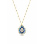 Çekirdek Jewelry 925 Ayar Gümüş Damla Nazar Kolye Taşlı Baget Çerçeveli Altın Kaplama Zarif Kadın Kolyesi