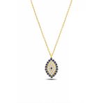 Çekirdek Jewelry 925 Ayar Gümüş Gold Kaplama Safir Taşlı Oval Kolye – Zirkon Pırlanta Görünümlü