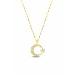 Çekirdek Jewelry 925 Ayar Gümüş Gold Kaplama Zirkon Taşlı Ay Yıldız Kolye – Parlak Ve Şık Tasarım