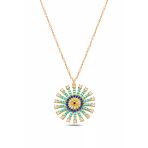 Çekirdek Jewelry 925 Ayar Gümüş Sarı Altın Kaplama Güneş Model Turkuaz & Lacivert Taşlı Zirkon Kolye