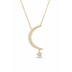 Çekirdek Jewelry 925 Ayar Gümüş Sarı Altın Kaplama Taşlı Hilal Yıldız Kolye