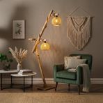 Celestia Home Eskitme Doğal Ahşap Lambader - 2 Başlıklı Hasır Abajur, Vintage Görünümlü Halatlı Rustik Köşe Lambası - Sehpalı ve Raflı Vintage Tasarım, Bohem & İskandinav Tarzı Dekoratif Aydınlatma