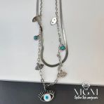 Çelik Nazar Boncuklu İkili Göz Kolye - Kl0058