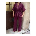 CELITA Kadın Tencel Beli Bağlamalı Kısa Fermuarlı Bluz Oversize Pantolon Takım