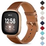 CeMiKa Fitbit Sense/Fitbit Versa 3 ile Uyumlu Deri Kayış, Hakiki Deri Kayış Yedek Bileklik Fitbit Versa 3/Fitbit Sense Kayışı ile Uyumlu, Kadın Erkek için, Kahverengi