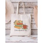 Cemira Cats, Books And Tea Tasarım Kedi Çanta ve Çay Tasarım Ham Bez Tote Bag Bez Çanta