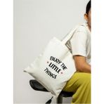 Cemira Enjoy The Little Tasarım Kalın Beyaz Su Geçirmez Kanvas Tote Bag, Bez Çanta, Shopper Bag - 10D-Krem