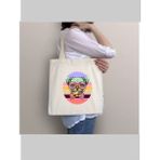 Cemira Funny Dog Glasses, Köpek Tasarım Tote Bag Bez Çanta - 10D-Krem