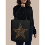Cemira Leopar Star Siyah Kanvas Kalın Tote Bag, Shopper Bag, Omuz Çantası, Leopar Çanta - 10D-Krem