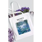 Cemira Monet - Zambaklar Baskılı Beyaz Kalın Su Geçirmez Kanvas Omuz Çantası Tote Bag - 10D-Krem